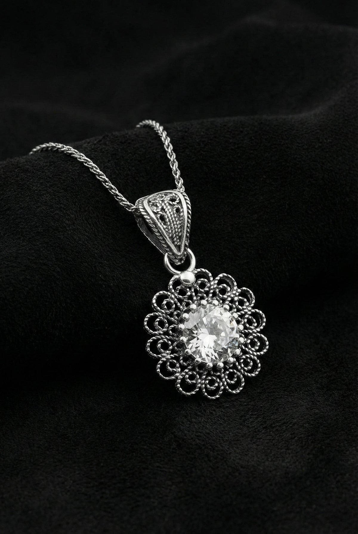 Zircon April Birthstone Filigree Necklace in 925 sterling silver