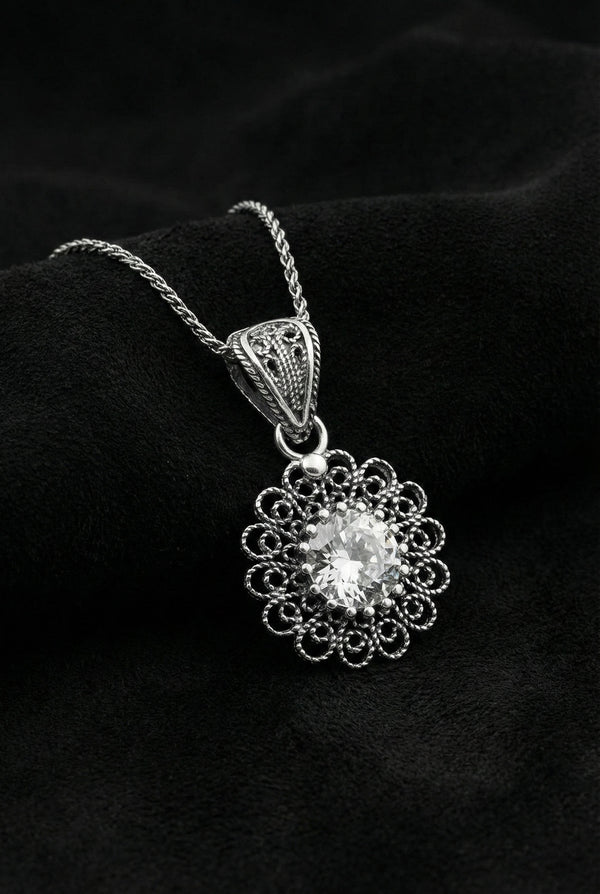 Zircon April Birthstone Filigree Necklace | 925 Silver