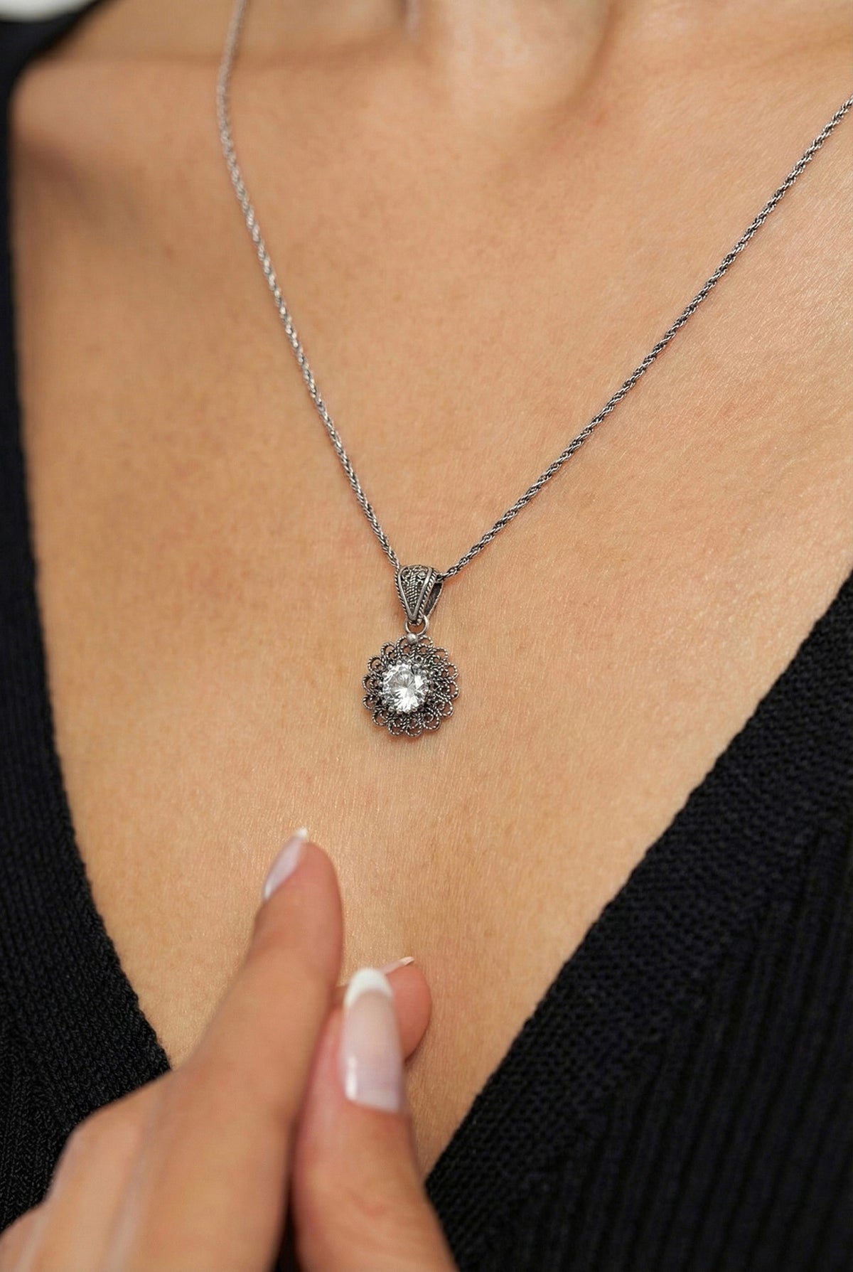 Zircon April Birthstone Filigree Necklace | 925 Silver