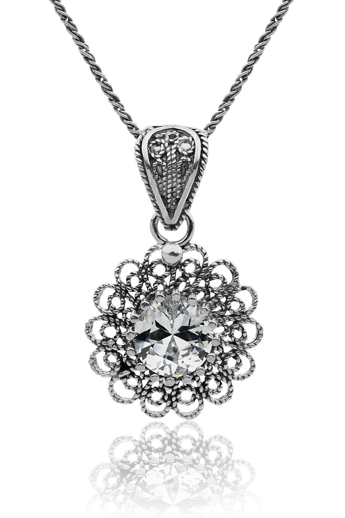 Zircon April Birthstone Filigree Necklace | 925 Silver