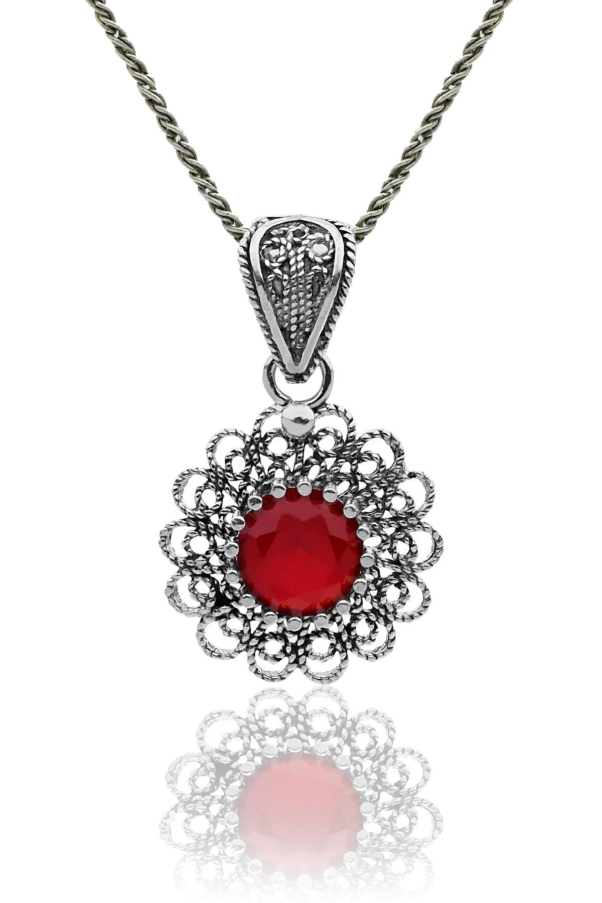 January Garnet Birthstone Flower Motif Filigree Necklace Silver