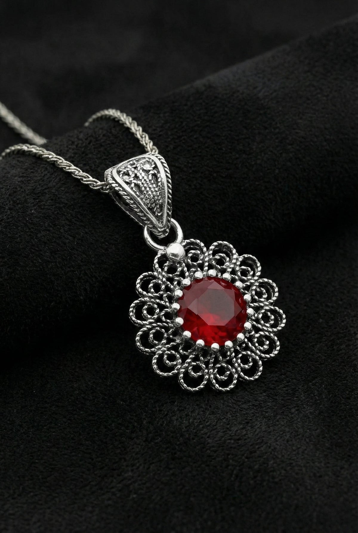 Garnet January Birthstone Filigree Necklace in 925 sterling silver