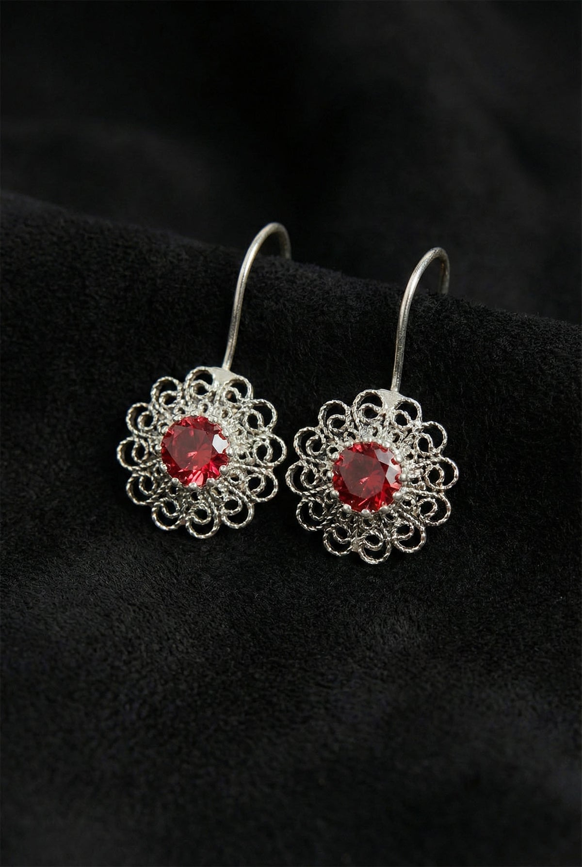 Garnet January Birthstone Flower Filigree Drops in 925 sterling silver