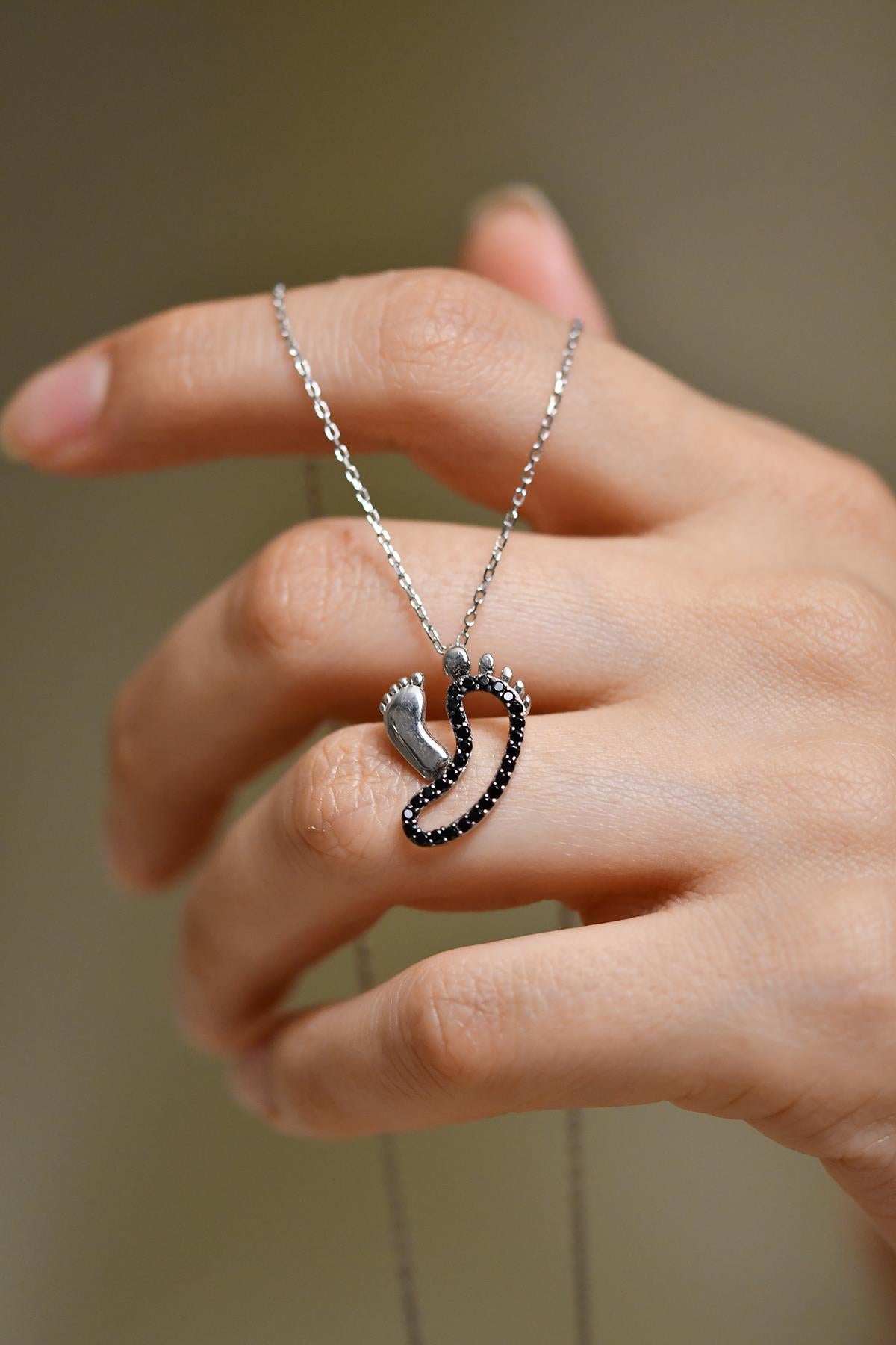 Onyx Mom & Baby Foot Print Necklace Rhodium Plated Silver