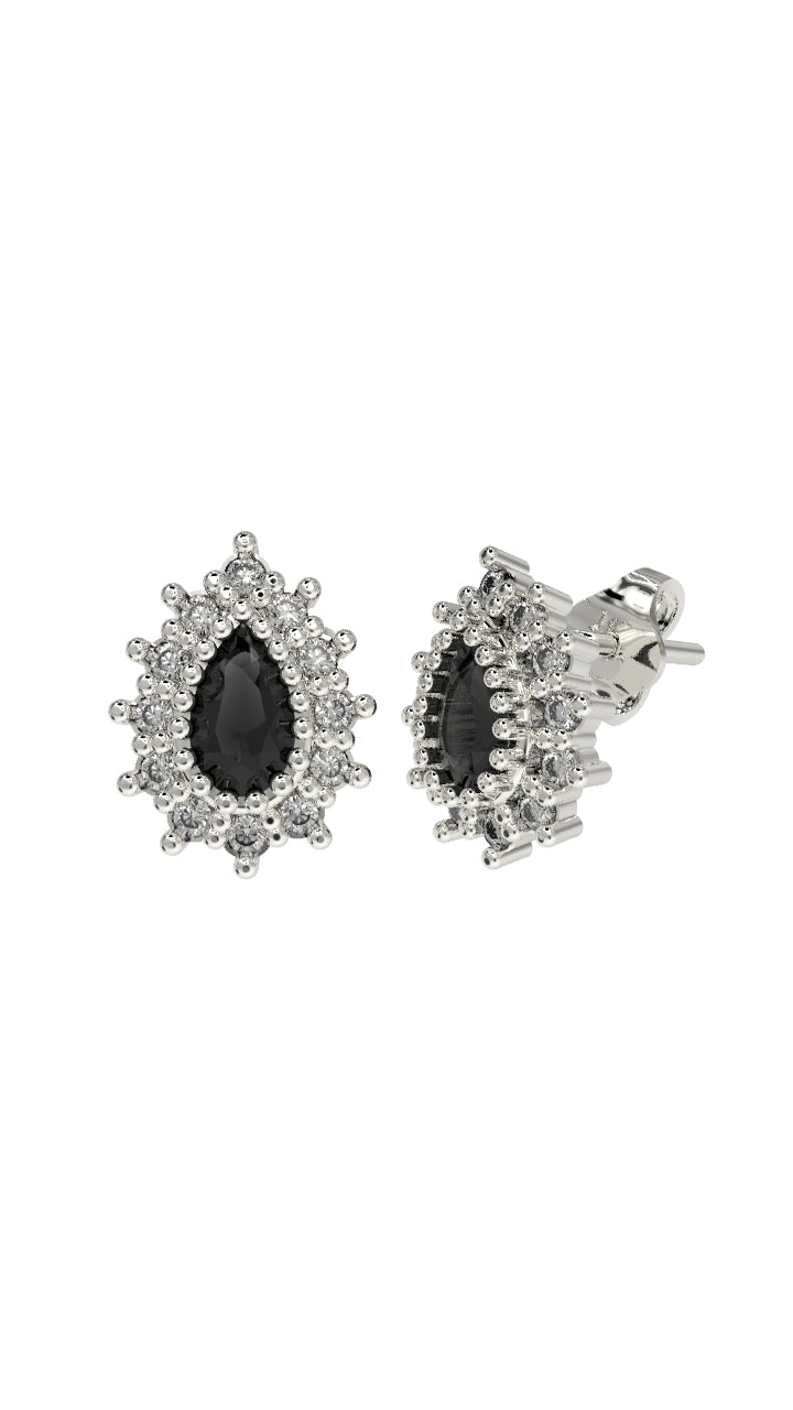 Onyx Drop Halo Minimalist Stud Earrings Rhodium Plated Silver