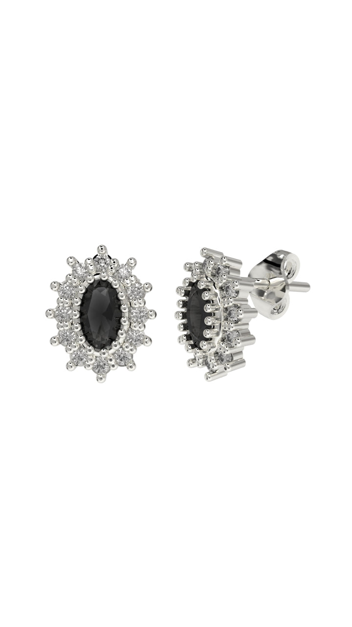 Onyx Oval Halo Minimalist Stud Earrings Rhodium Plated Silver