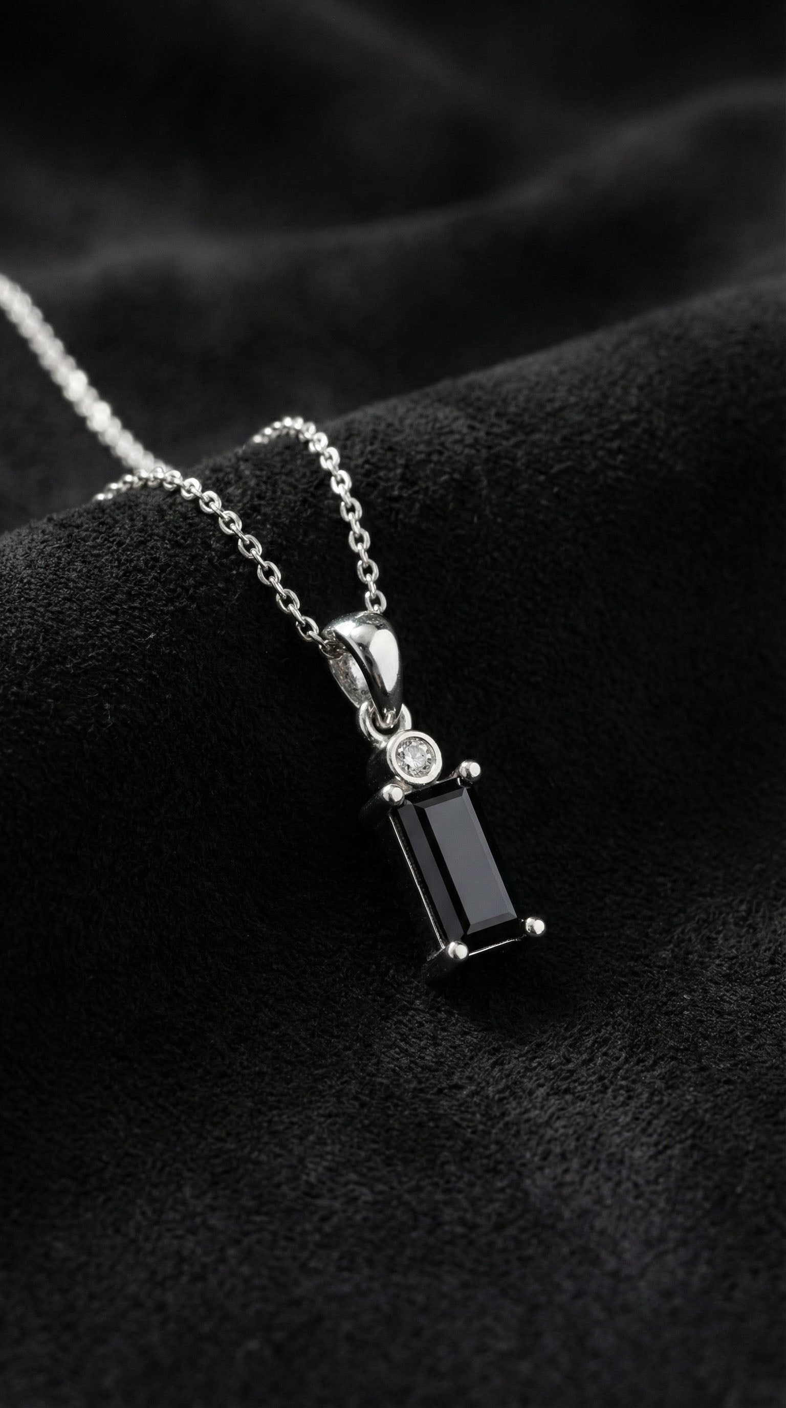 Onyx Solitaire Baguette Necklace Rhodium Plated Silver