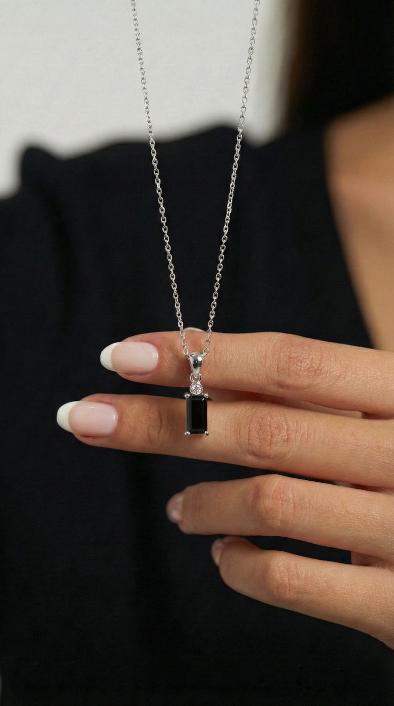 Onyx Solitaire Baguette Necklace Rhodium Plated Silver