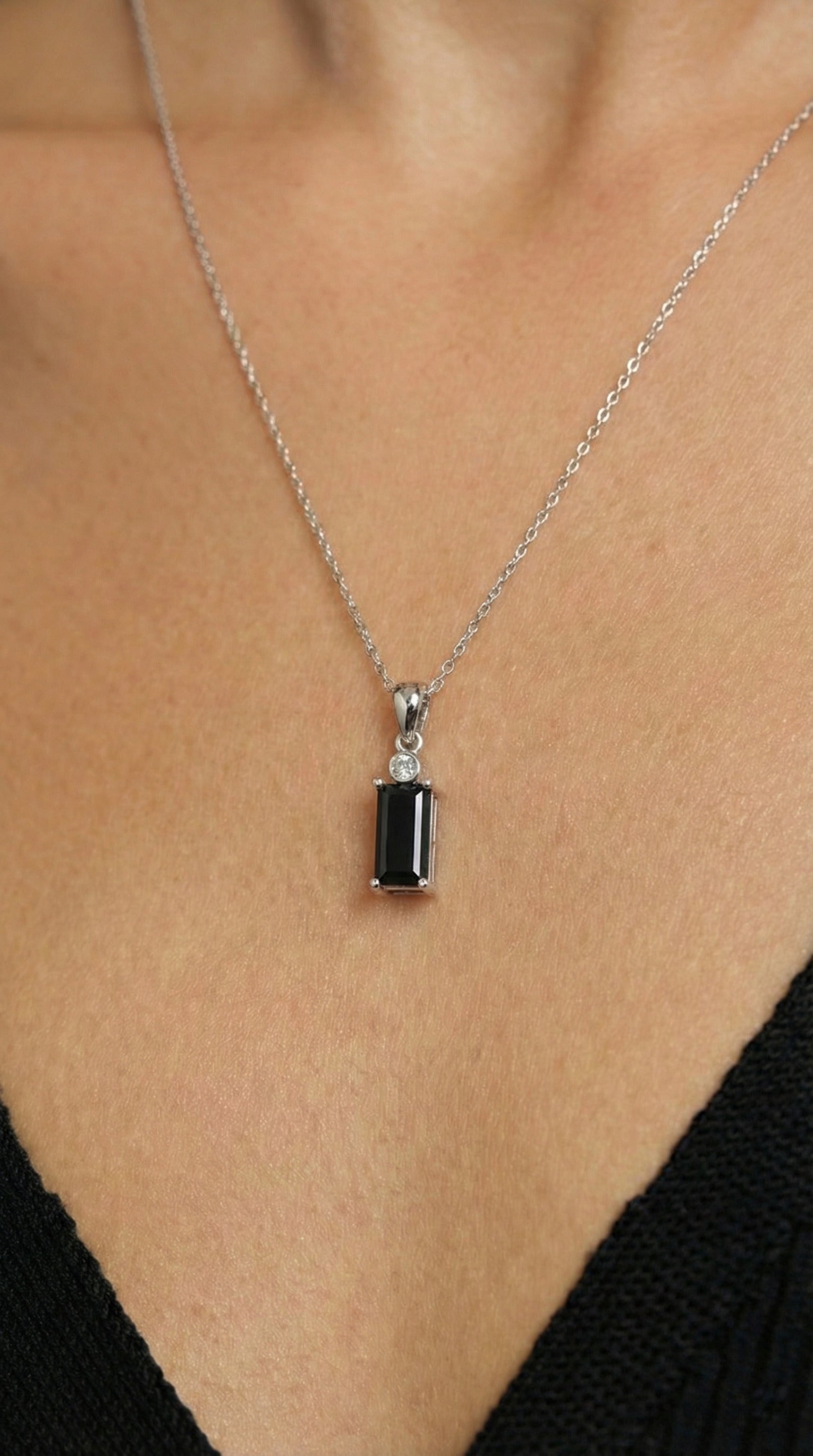 Onyx Solitaire Baguette Necklace Rhodium Plated Silver