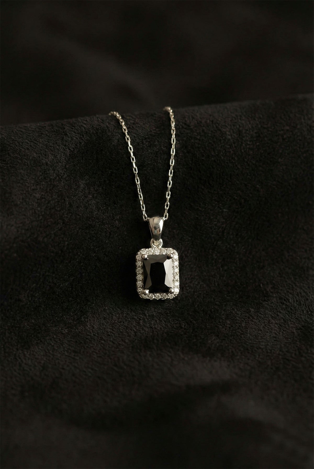 Emerald Cut Black Onyx Halo Necklace in 925 sterling silver