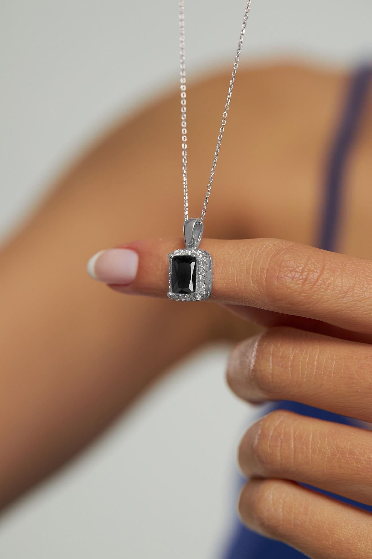 Onyx Horizontal Baguette Necklace Rhodium Plated Silver