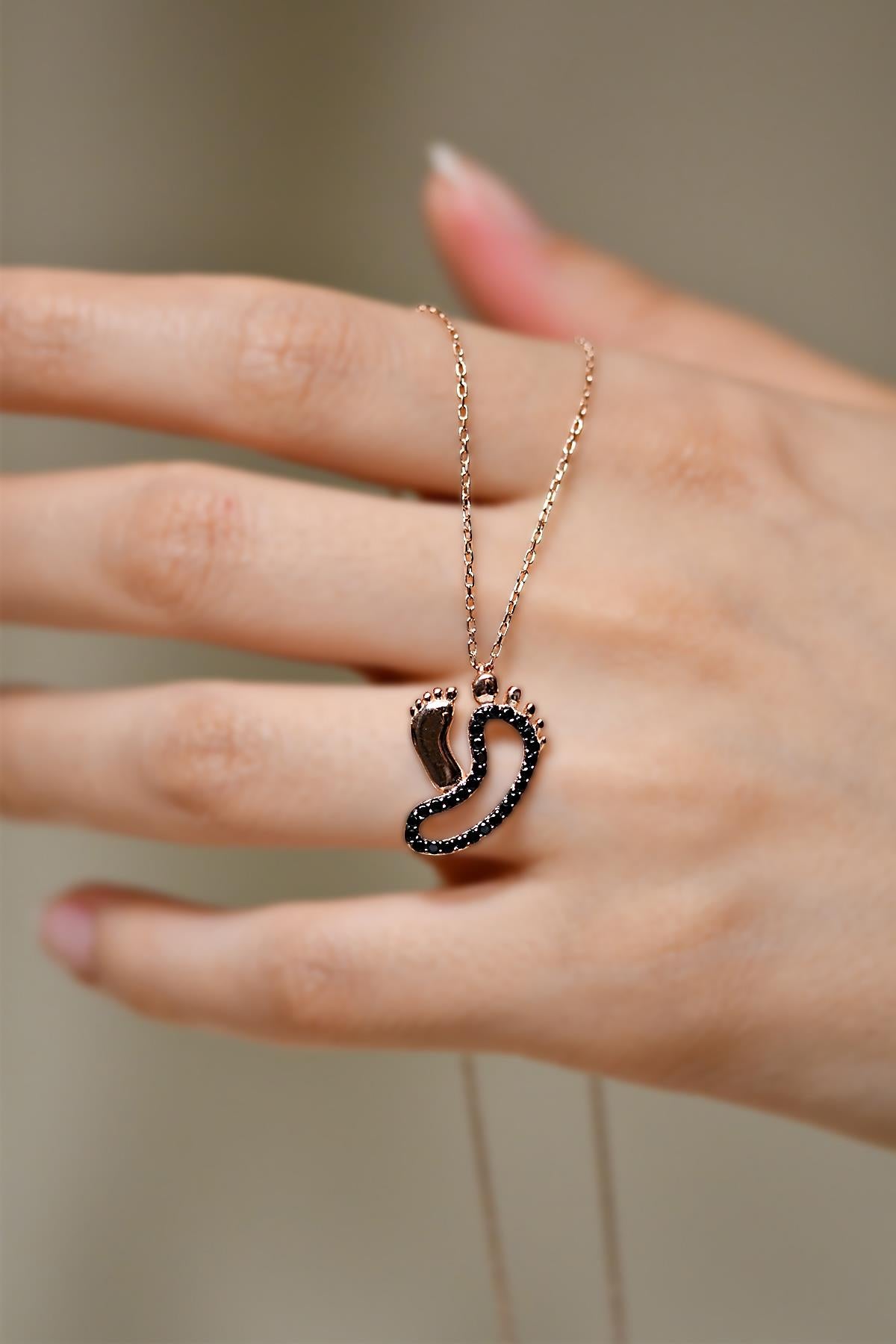 Onyx Mom & Baby Foot Print Necklace Rose Gold Plated Silver