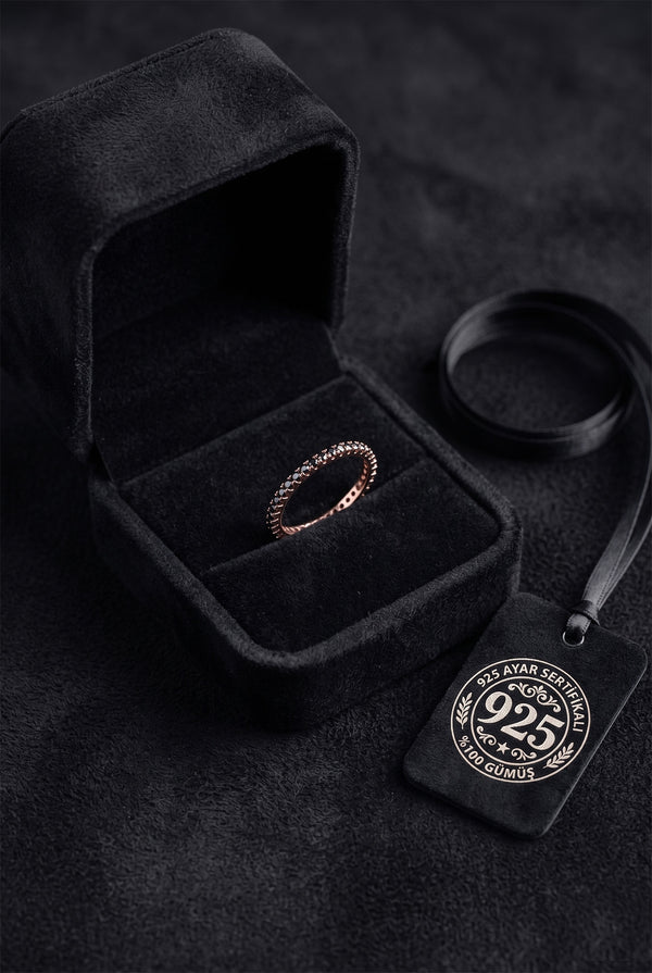 925 Sterling Silver Rose Gold Black Onyx Eternity Band, Dainty Minimalist Stacking Ring