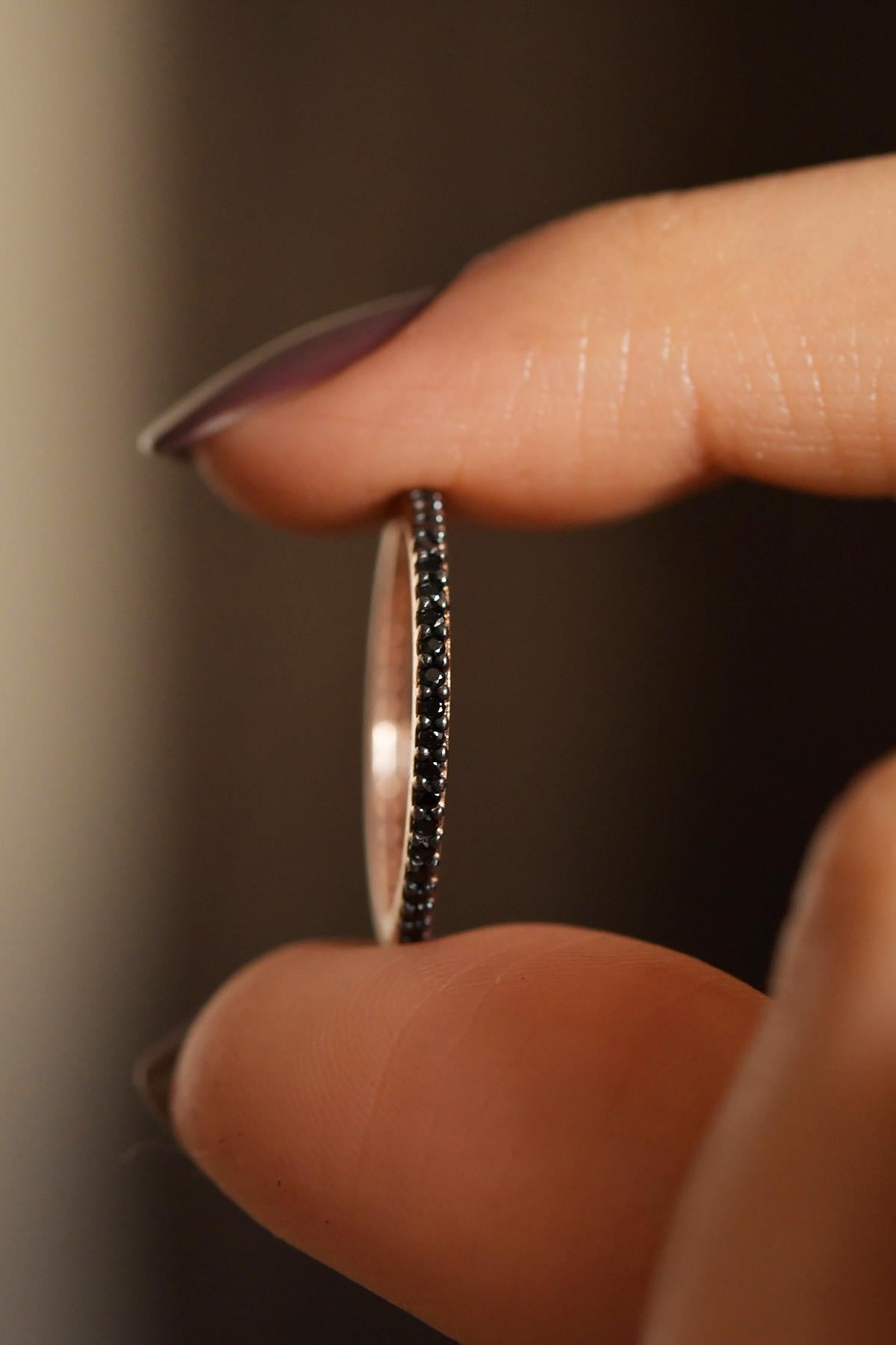 925 Sterling Silver Rose Gold Black Onyx Eternity Band, Dainty Minimalist Stacking Ring