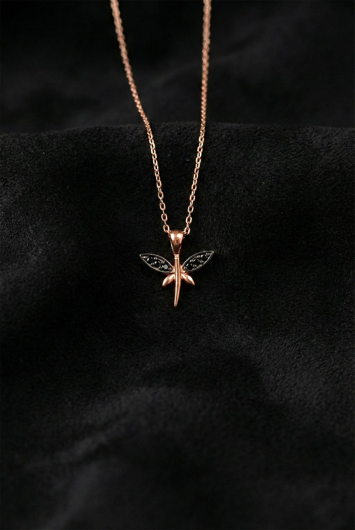 Rose Gold Dragonfly Necklace with Black Onyx in 925 sterling silver
