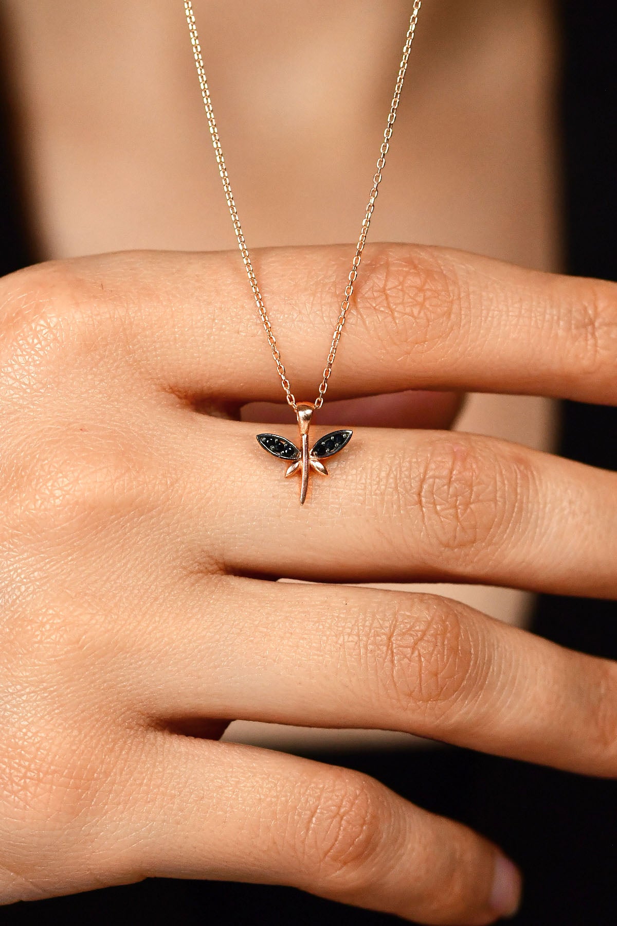 Rose Gold Dragonfly Necklace with Black Onyx in 925 sterling silver - view 2