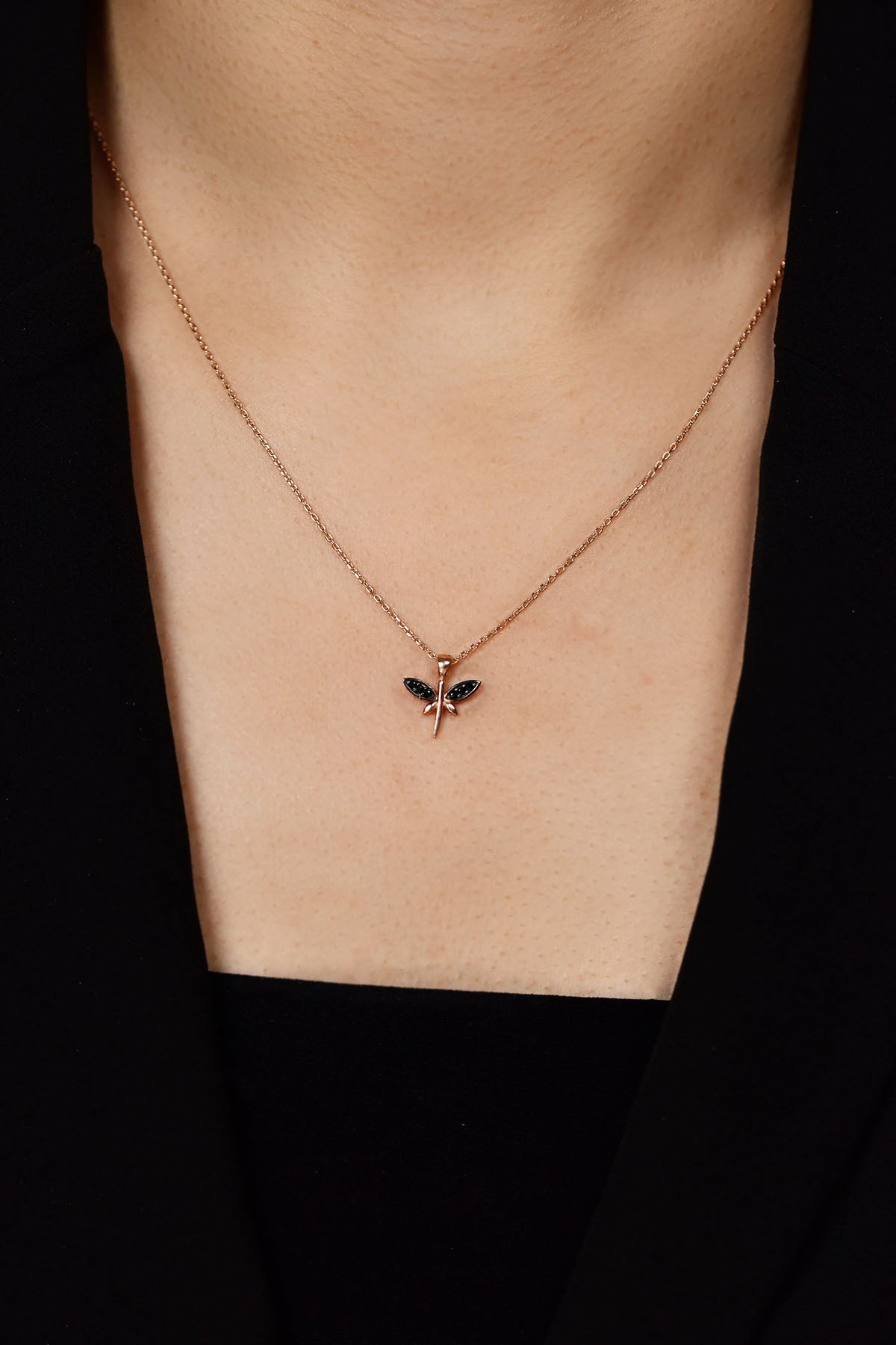 Rose Gold Dragonfly Necklace with Black Onyx in 925 sterling silver - view 4