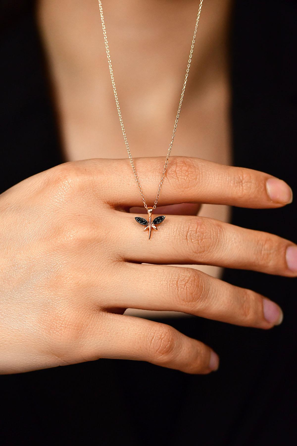 Onyx Minimalist Dragonfly Necklace Rose Gold Plated Silver