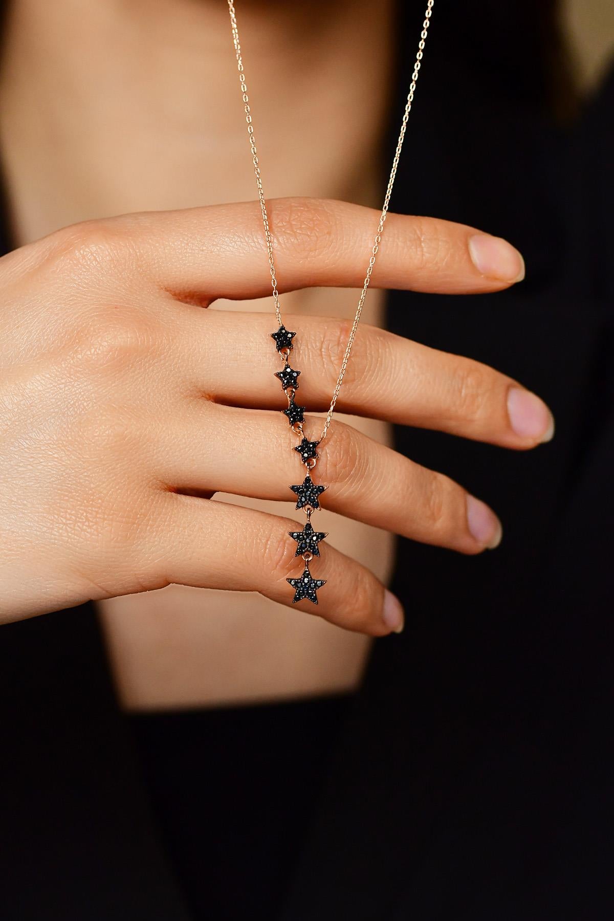 Onyx Row Star Necklace Rose Gold Plated Silver