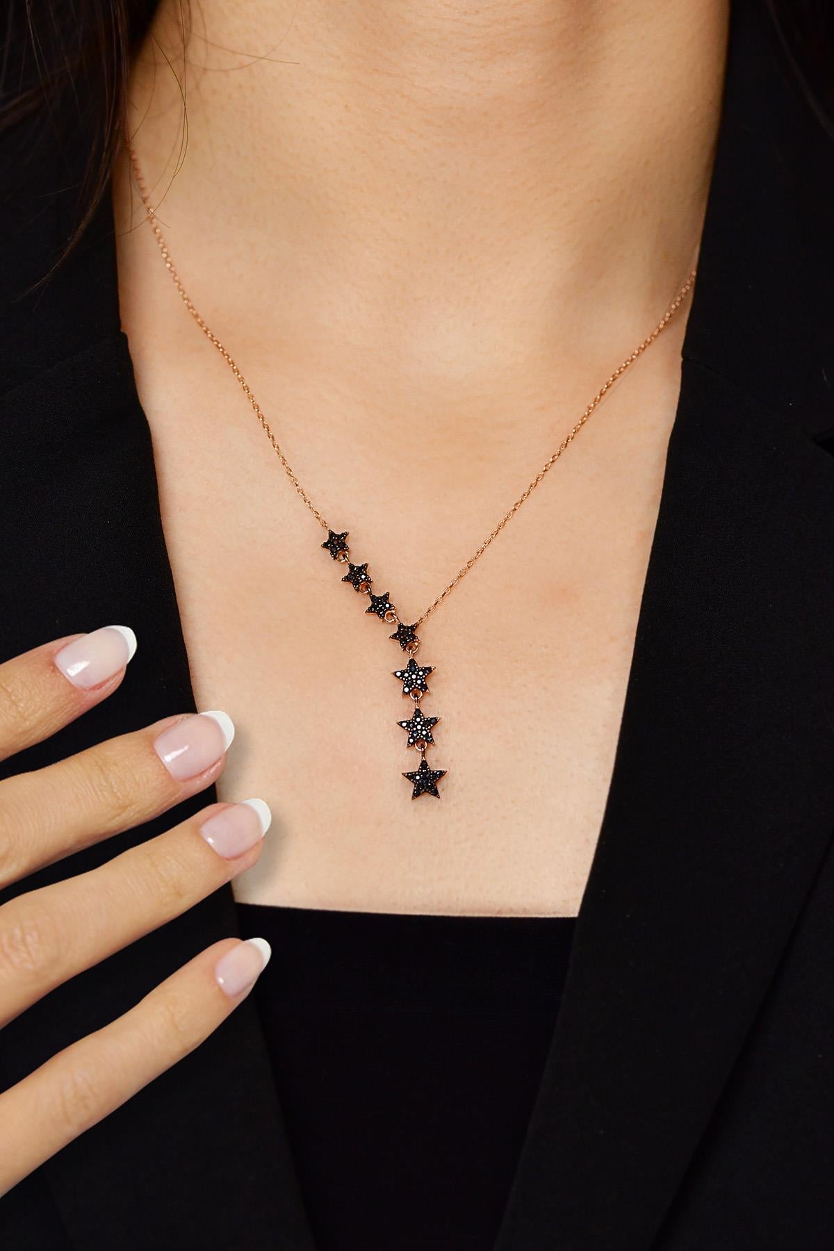 Onyx Row Star Necklace Rose Gold Plated Silver