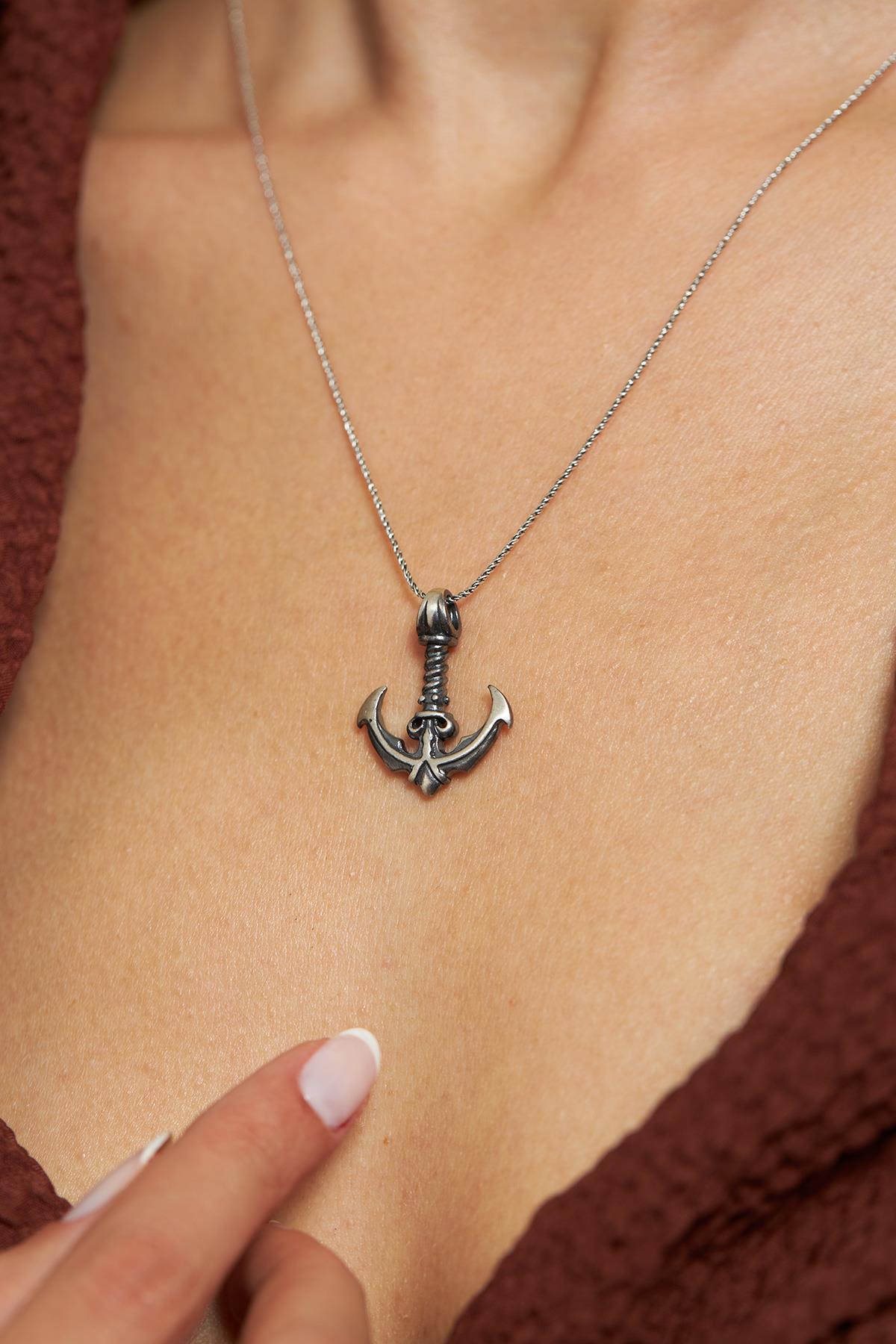 Traditional Nautical Rope Anchor Oxidized Necklace Silver
