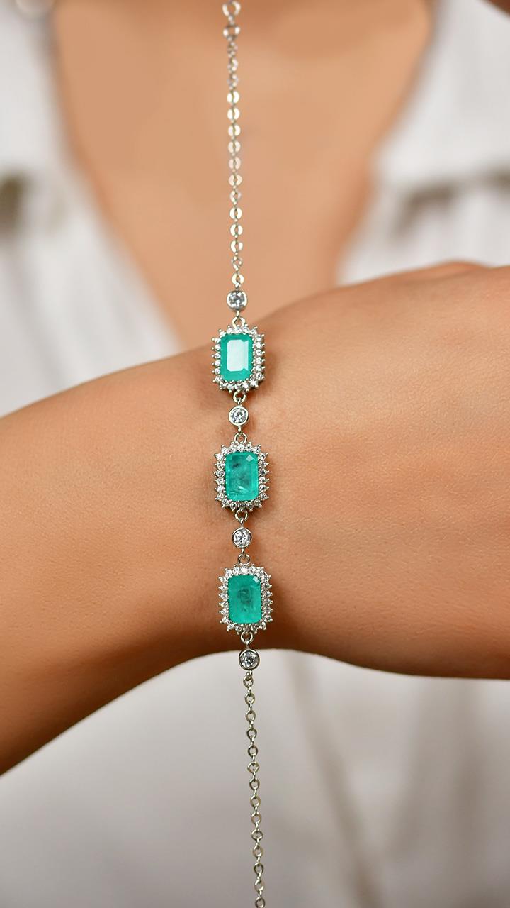 Paraiba Baguette Halo Bracelet Rhodium Plated Silver