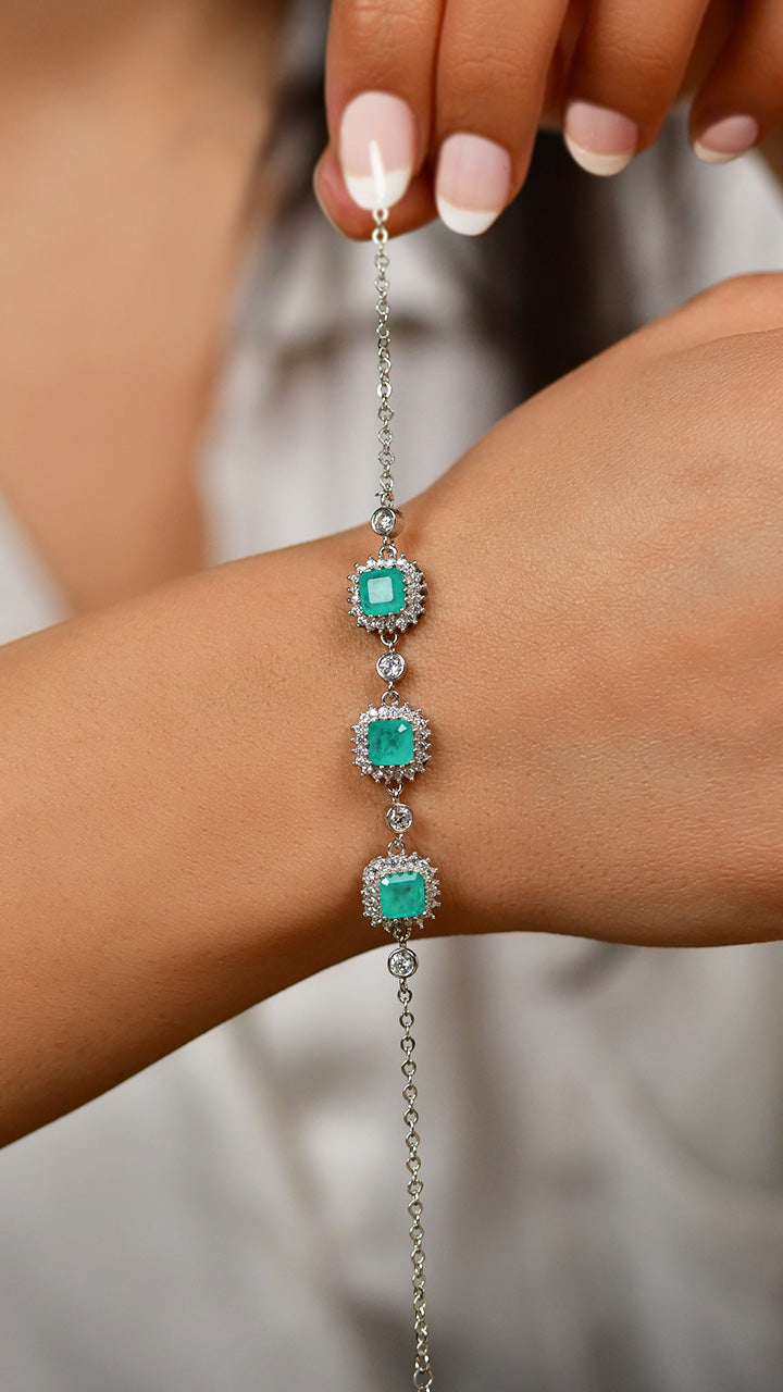 Paraiba Tourmaline Square Halo, Zircon Bracelet in 925 sterling silver - view 3