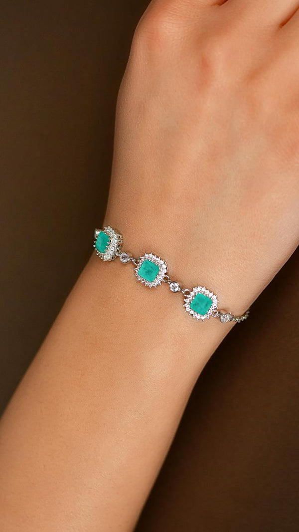 Paraiba Stone Rhodium Plated Square Entourage Silver Bracelet