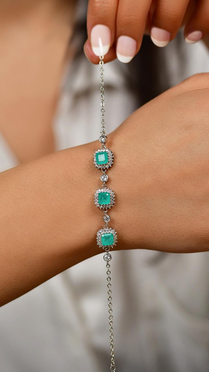 Paraiba Square Halo Bracelet Rhodium Plated Silver