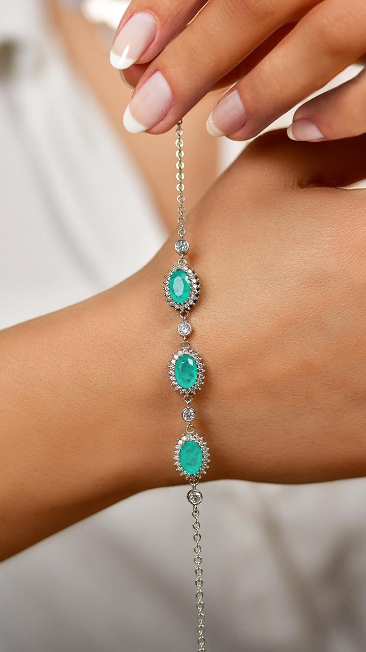 Paraiba Oval Halo Bracelet Rhodium Plated Silver
