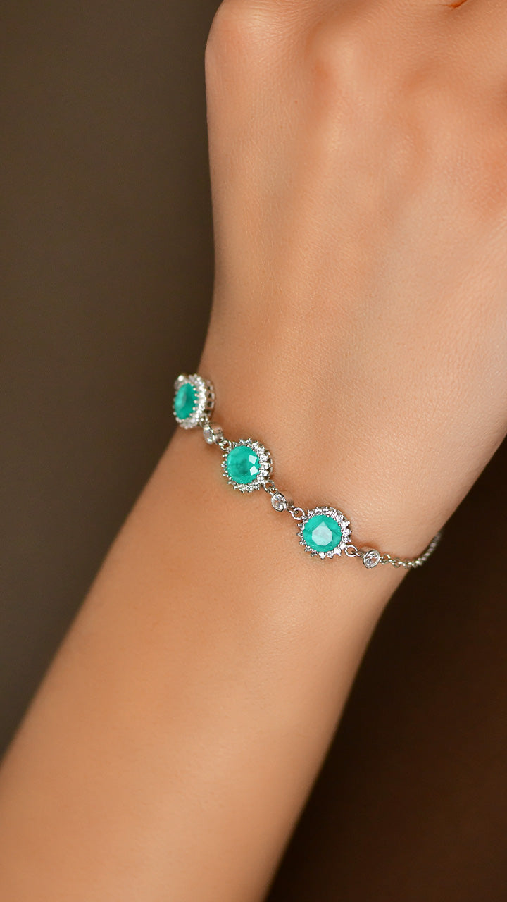 Paraiba Tourmaline Round Halo, Zircon Bracelet in 925 sterling silver - view 2