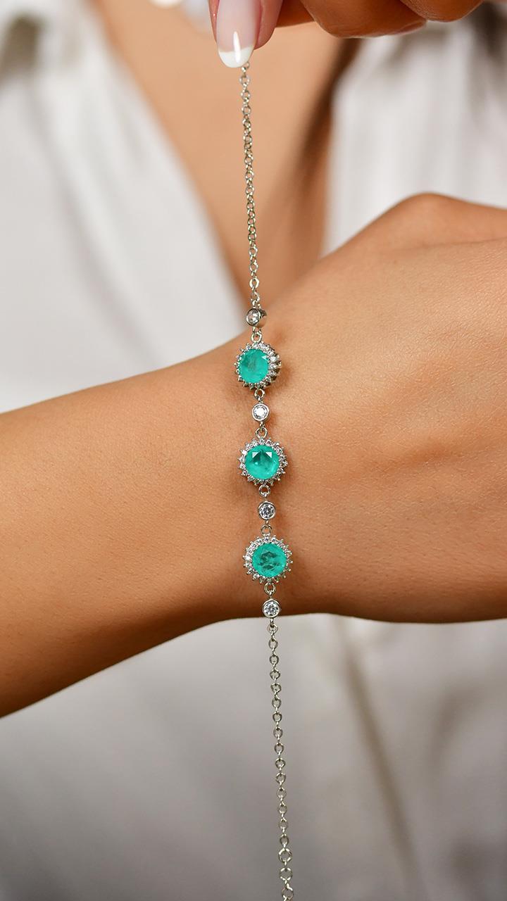 Paraiba Round Halo Bracelet Rhodium Plated Silver