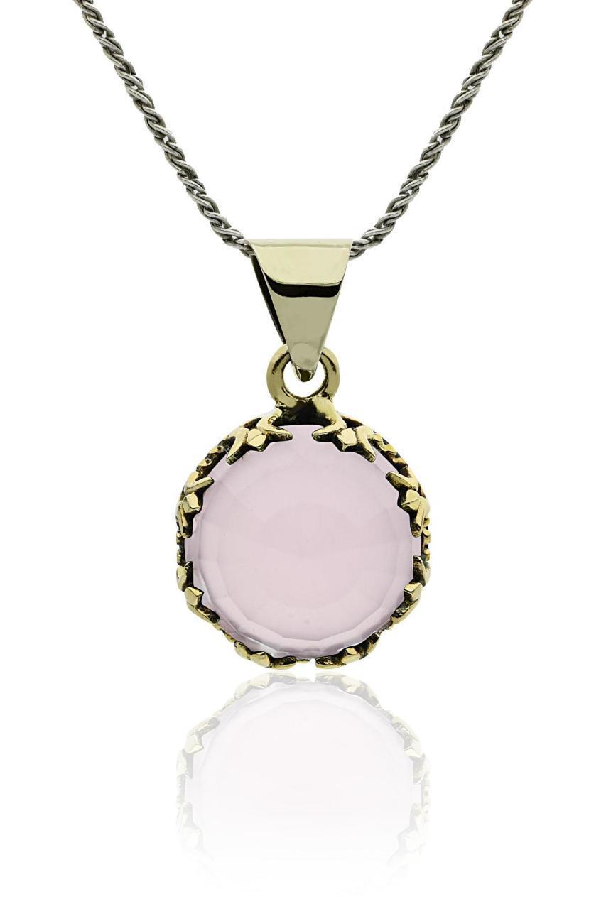 Authentic Silver Women's Necklace with Pink Quartz Stone and Tulip Motif