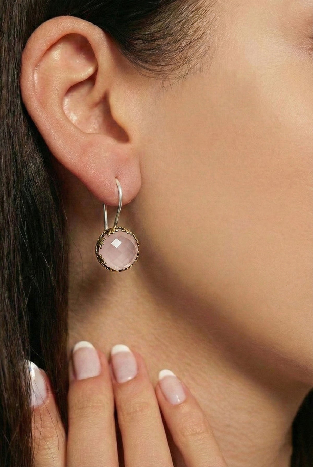 Gilded Pink Quartz Tulip Motif Earrings in 925 sterling silver - view 2