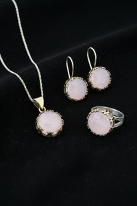 Parure de bijoux Tulipe ronde dorée en quartz rose | Argent 925