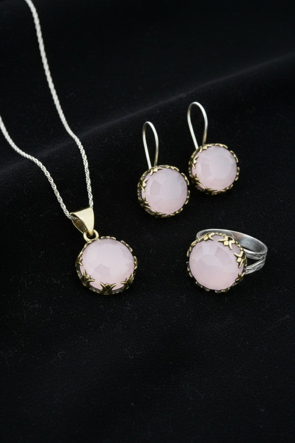 Parure de bijoux Tulipe ronde dorée en quartz rose | Argent 925