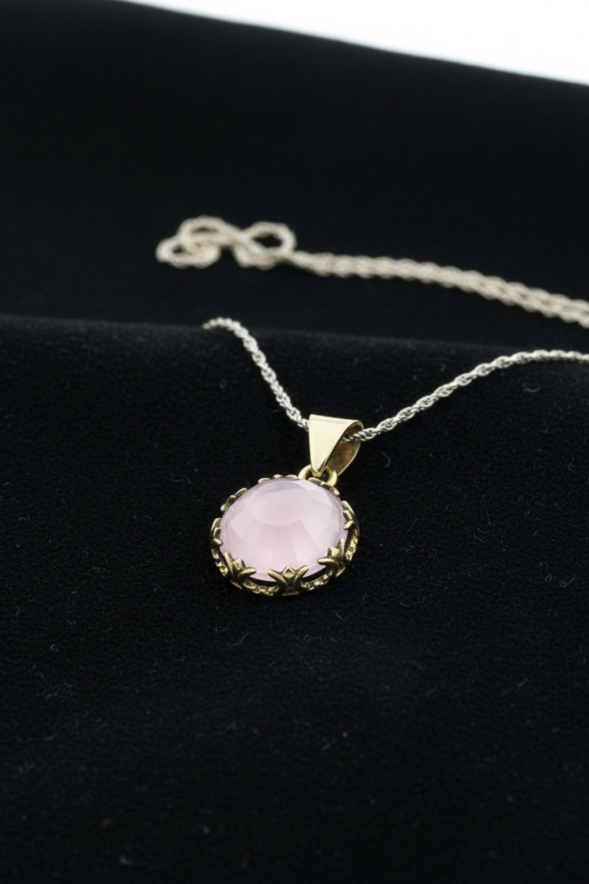 Parure de bijoux Tulipe ronde dorée en quartz rose | Argent 925
