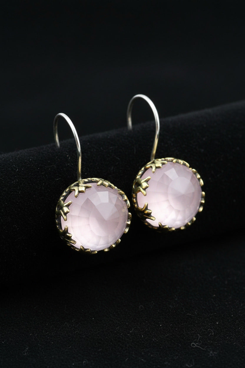 Parure de bijoux Tulipe ronde dorée en quartz rose | Argent 925