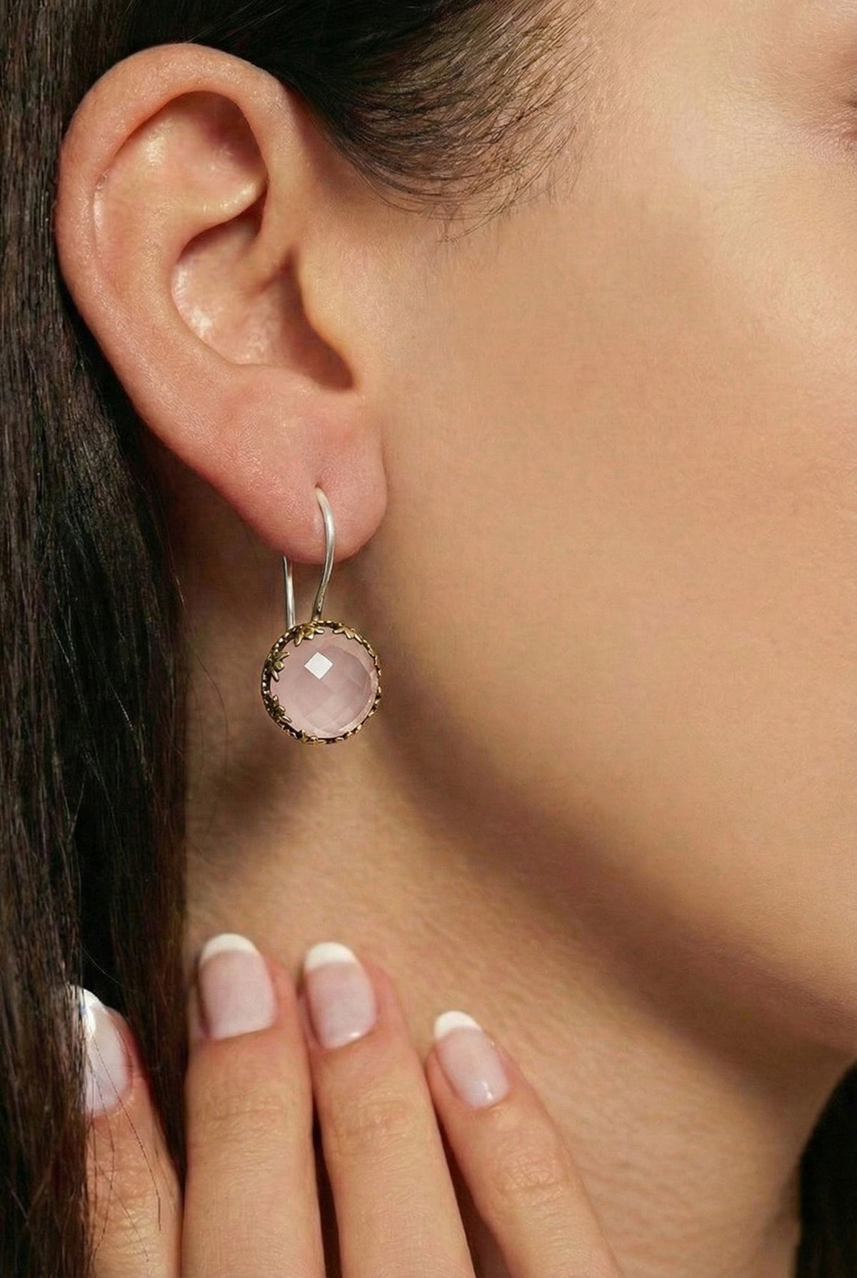 Parure de bijoux Tulipe ronde dorée en quartz rose | Argent 925