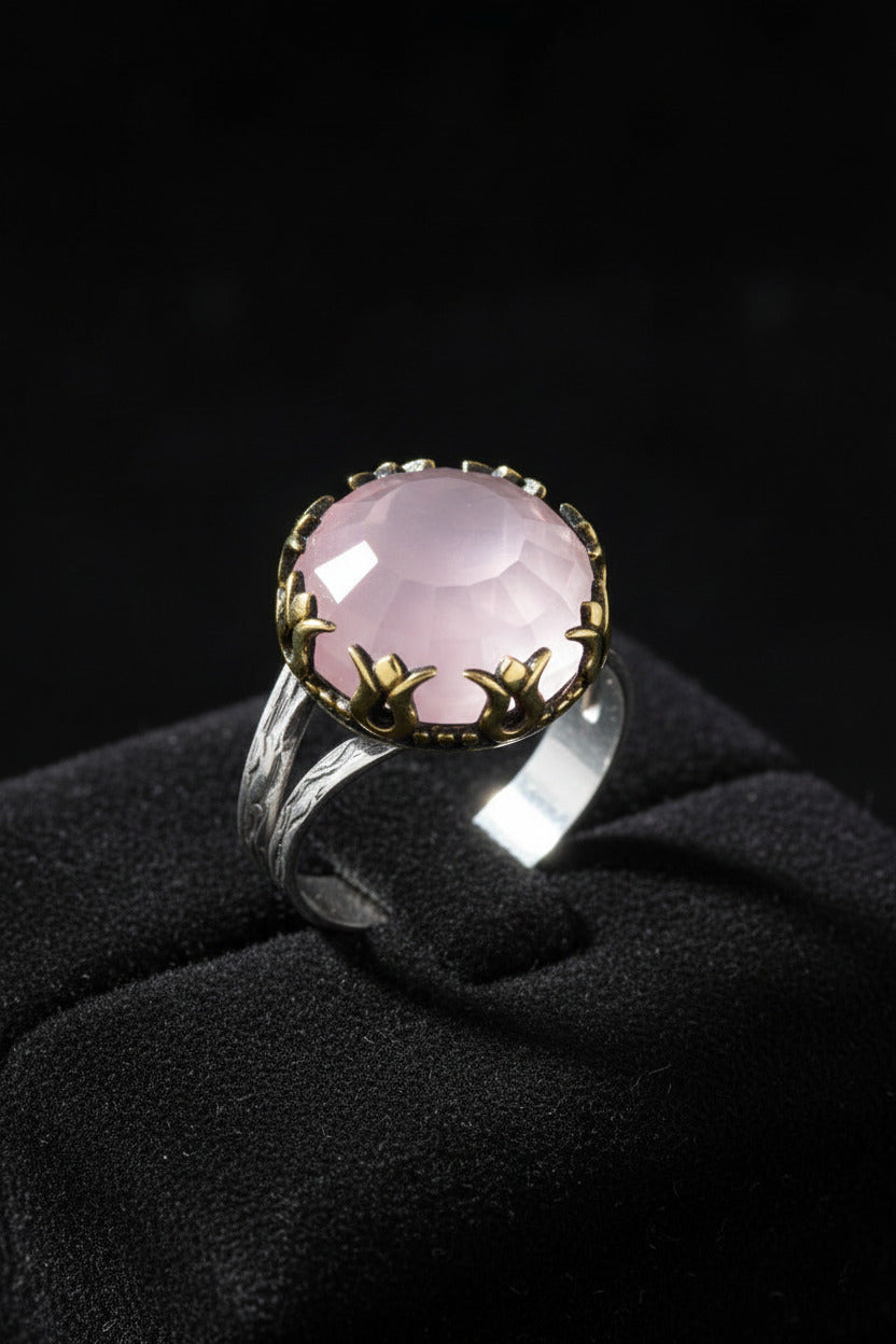 Parure de bijoux Tulipe ronde dorée en quartz rose | Argent 925