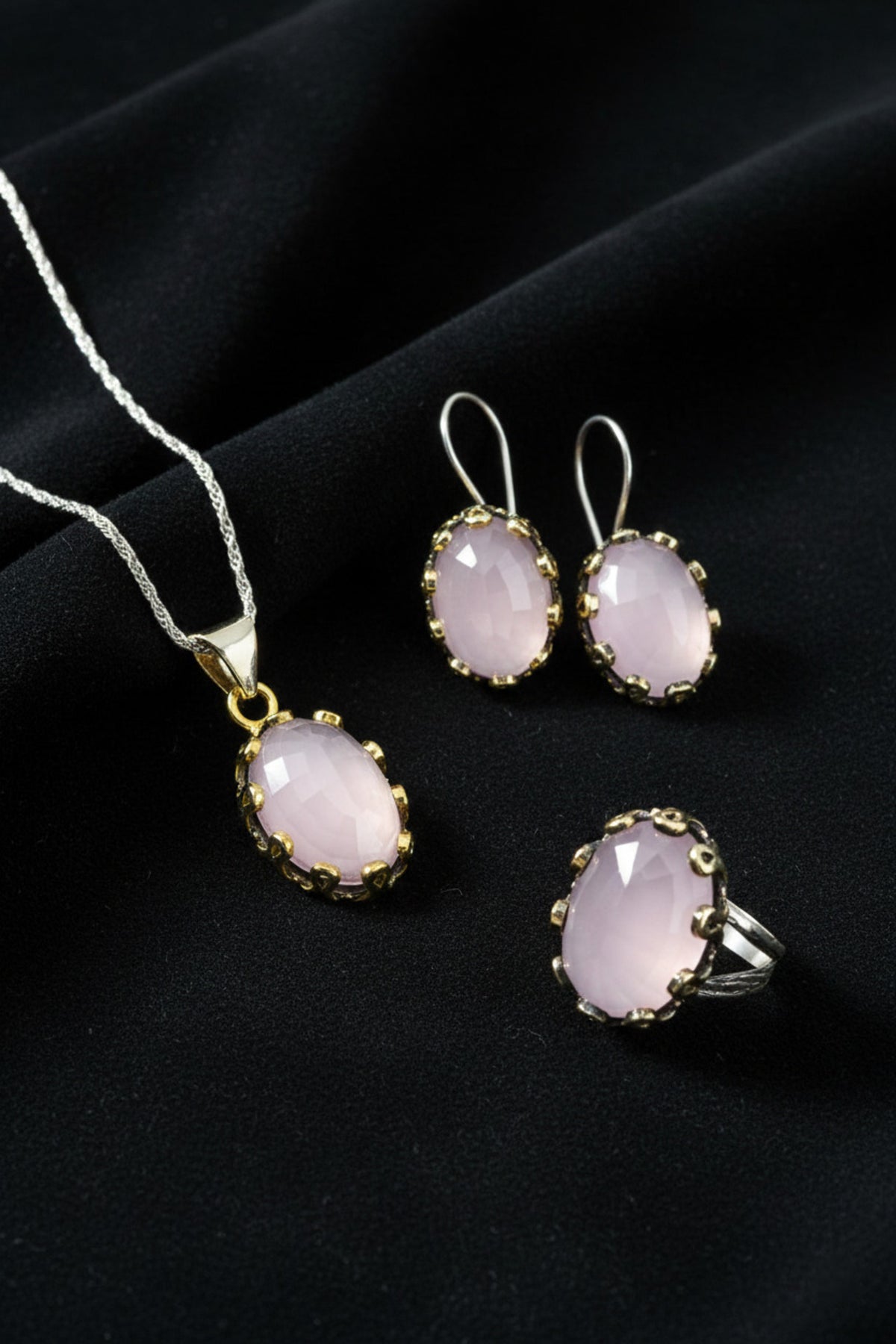 Gilded Oval Pink Quartz Gemstone Jewelry Set in 925 sterling silver