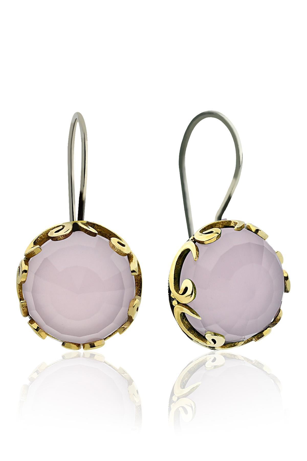 Authentic Silver Women's Earrings with Pink Quartz Stone and Vav Letter Motif