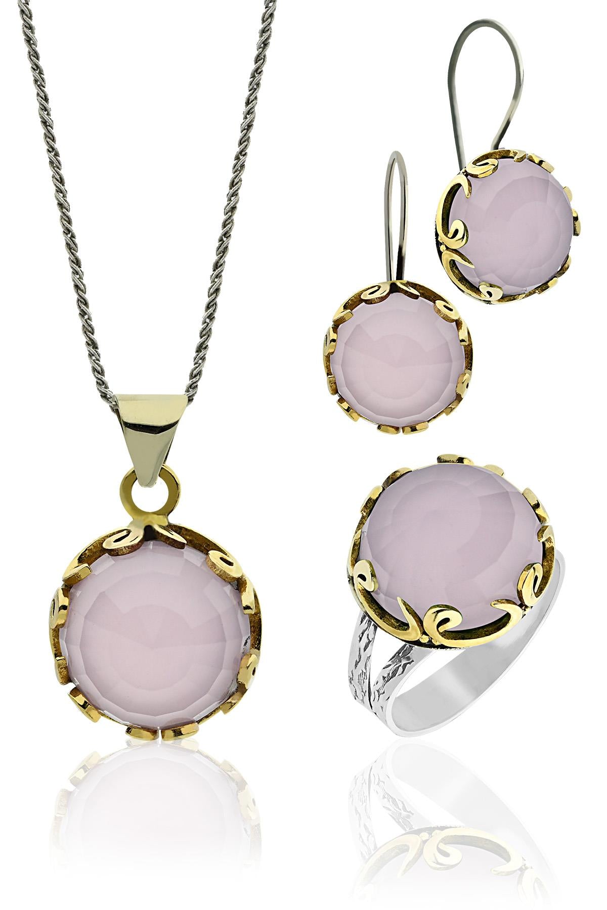 Gilded Round Vav Pink Quartz Jewelry Set in 925 sterling silver - view 6