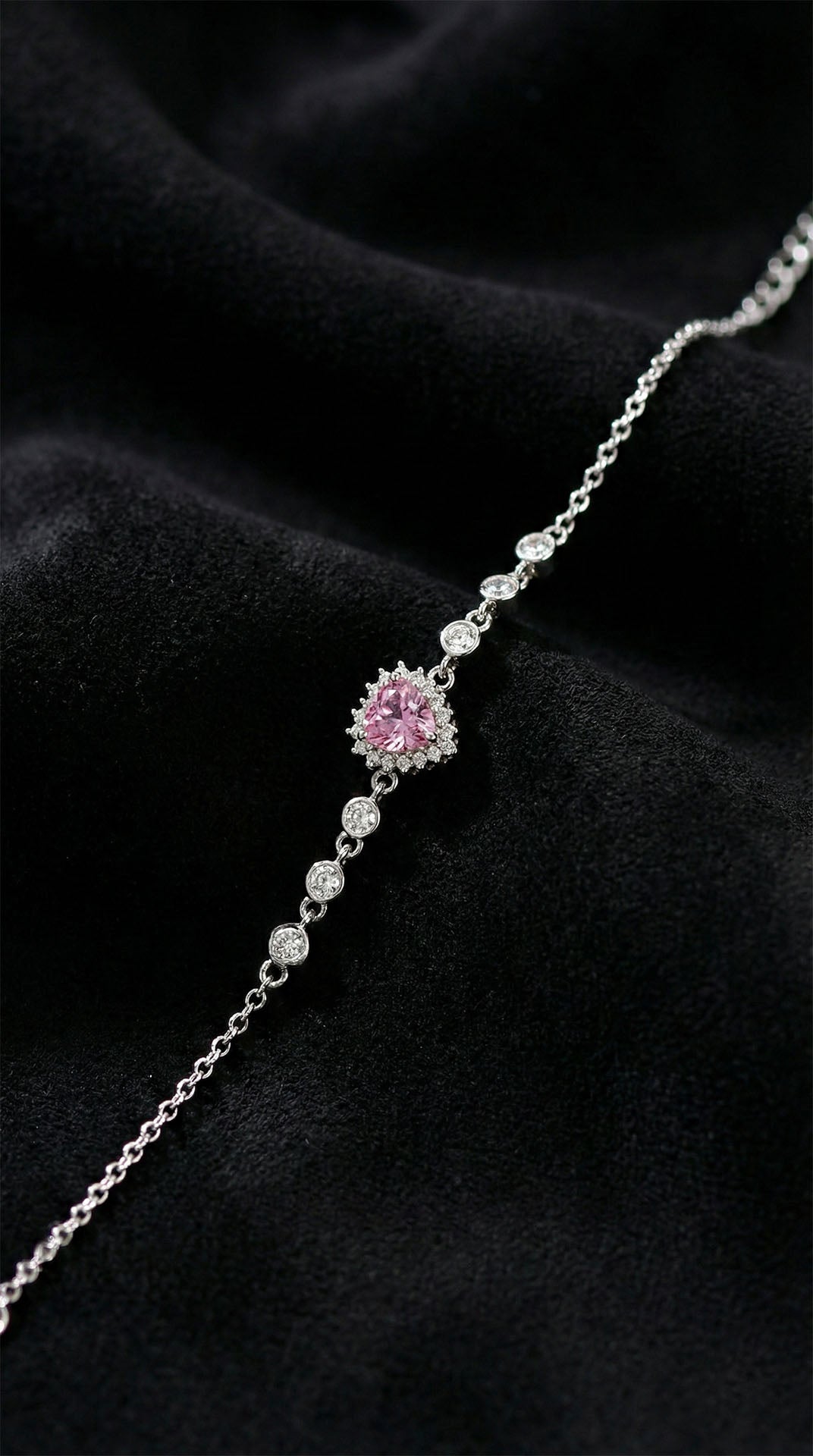 Rhodium Pink Heart Halo, Pink Chain Bracelet in 925 sterling silver