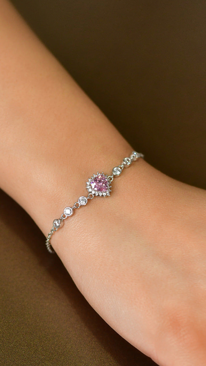 Rhodium Pink Heart Halo, Pink Chain Bracelet in 925 sterling silver - view 2