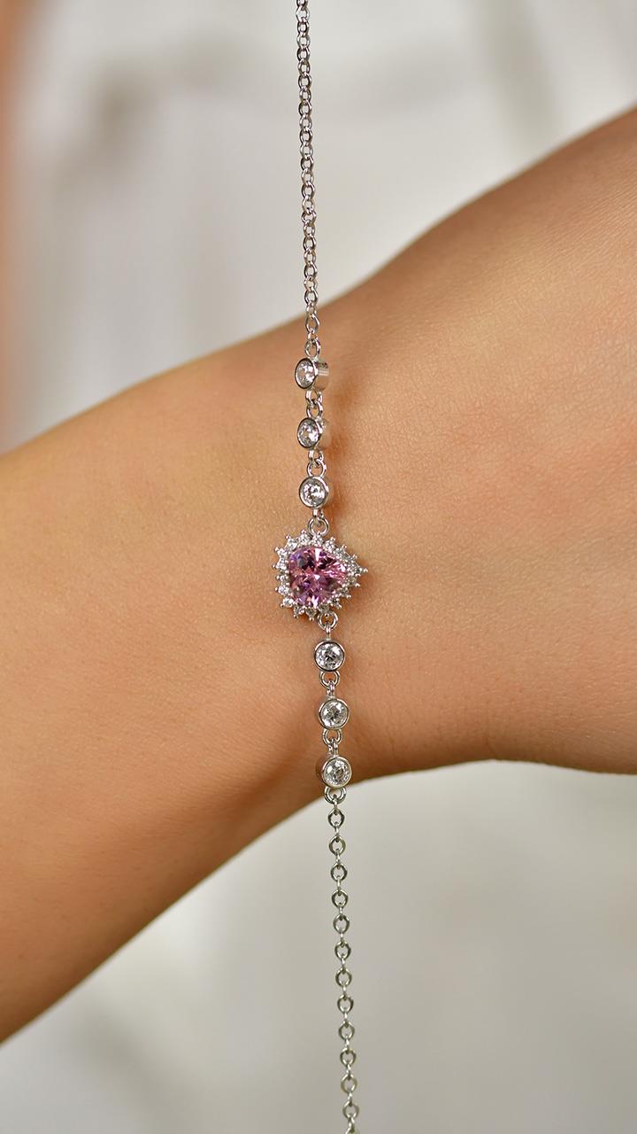 Pink Heart Halo Bracelet Rhodium Plated Silver