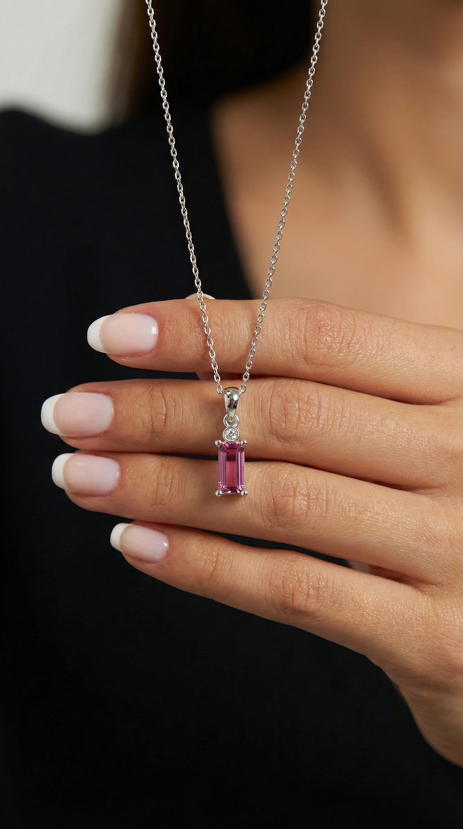 Pink Solitaire Baguette Necklace Rhodium Plated Silver
