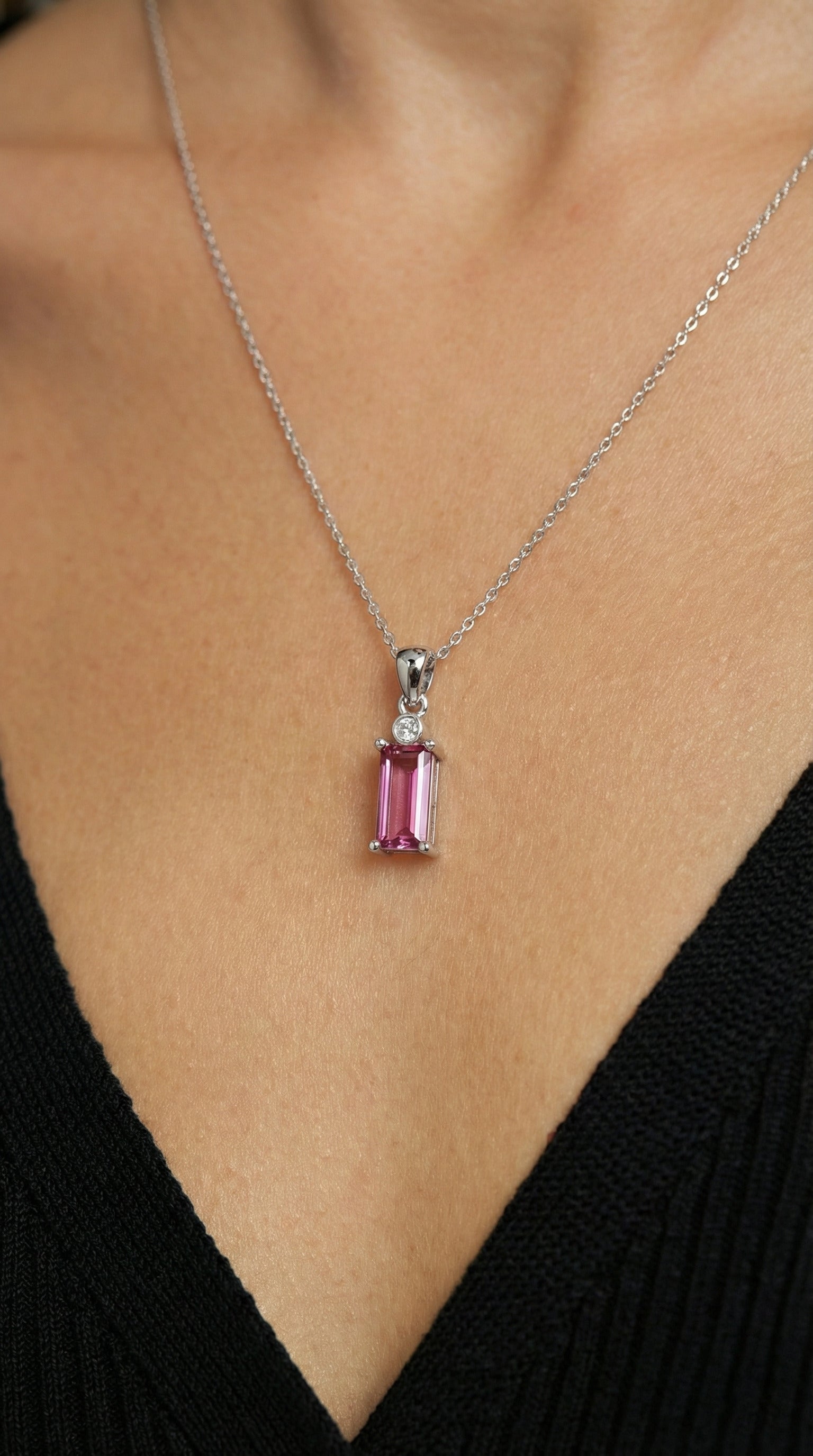 Pink Solitaire Baguette Necklace Rhodium Plated Silver