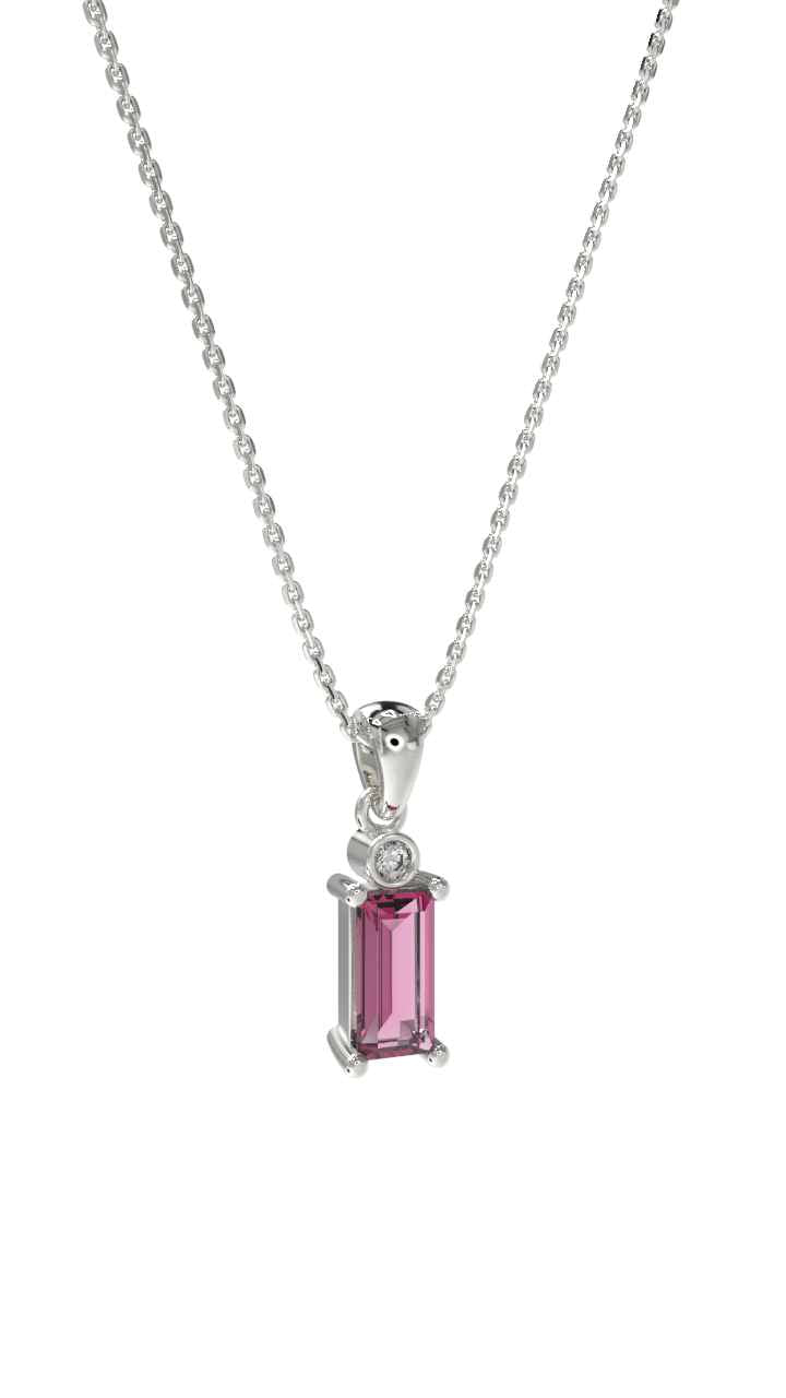 Pink Solitaire Baguette Necklace Rhodium Plated Silver