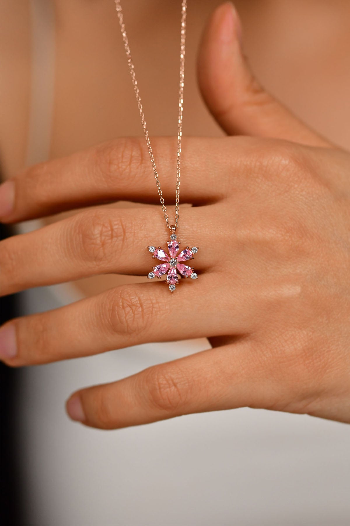 Rose Pink Zircon Lotus Flower Pendant Necklace | 925 Silver